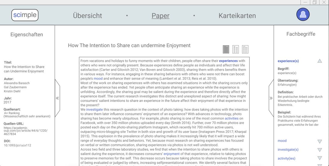 Scimple Interface mit Paper-Ansicht und Fachbegriffen